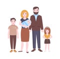Happy family portrait. Mother holding newborn baby, father and children standing together. Parents and kids. Funny