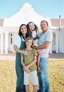 Happy family, portrait and real estate on grass in new home, property or investment on outdoor lawn. Mother, father and Royalty Free Stock Photo