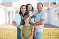 Happy family, portrait and real estate in new home, property or investment on outdoor grass or lawn. Mother, father and Royalty Free Stock Photo