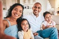 Happy family, portrait and smile for selfie, photo or profile picture on a sofa in their home. Love, face and photograph Royalty Free Stock Photo