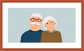 Happy family portrait: smiling grandfather and grandmother in the wooden brown frame Royalty Free Stock Photo