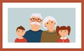 Happy family portrait: smiling grandparents and grandchild in the wooden brown frame Royalty Free Stock Photo