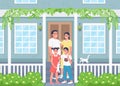 Happy family posing on house patio flat color vector illustration