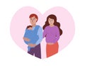 Happy family. Pregnant woman and man with little baby in sling. Merried couple father and mother expecting newborn. Vector flat