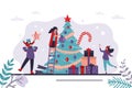 Happy family, preparation for winter holidays. Xmas eve, horizontal banner. Woman decorates traditional tree with toys