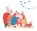 Happy Family Prepare for Easter Celebration. Parents, Grandparents and Little Girl in Rabbit Ears Painting Eggs Royalty Free Stock Photo