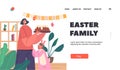 Happy Family Prepare Easter Dinner Landing Page Template. Little Baby in Rabbit Costume and Mother with Cake in Hands