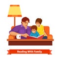 Happy family reading together. Mother, father, son