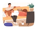 Happy family relaxing on couch watching tv vector flat illustration. Smiling man and woman spending time together