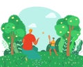 Happy family rest in summer, father play with son in nature, outside countryside cartoon vector illustration. Family
