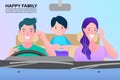 Happy family ride in the car. Father, mother, son. Vector flat style. Royalty Free Stock Photo