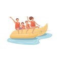Happy family riding a banana boat, beach activities water sport