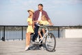 Happy family riding bicycle outdoors Royalty Free Stock Photo