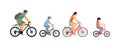 Happy family riding bicycle together, vector illustration. Little boy and girl riding bicycle with parents. Mother and father.