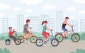 Happy family riding bike, bicycle in city park. Joyful mother, father, daughter, son on nature. Parents and kids cycling, spend Royalty Free Stock Photo