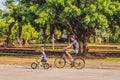 Happy family is riding bikes outdoors and smiling. Father on a bike and son on a balancebike Royalty Free Stock Photo