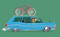 Happy family riding in a blue car. Bicycle trip. Vector creative