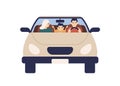 Happy family riding on car together front view vector flat illustration. Smiling father, mother and son ride on Royalty Free Stock Photo