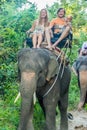 Happy family riding on an elephant Royalty Free Stock Photo