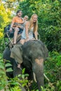 Happy family riding on an elephant, woman sitting on the elephant`s neck Royalty Free Stock Photo