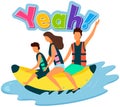 Family on water attraction screaming yeah. Happy people riding inflatable banana, sea recreation