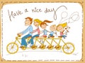 Happy family riding a tandem bicycle