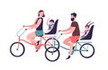 Happy family riding tandem bicycles or bicycling. Cute smiling mother, father and children on bikes. Parents and kids