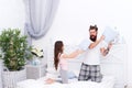 Happy family. Role of father. Pillow fight. Dad seeks to live life of integrity and honesty. Sincere emotions. Dad and Royalty Free Stock Photo