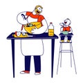 Happy Family Routine Concept. Single Father Cooking Dinner on Kitchen, Little Baby Son Sitting in High Chair Eating