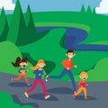 Happy family running in park. Square cartoon illustration in bright colors.