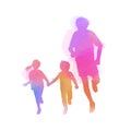 Happy family running silhouettes watercolor. Healthy life