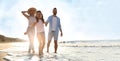 Happy family on sandy beach near sea, space for text. Banner design Royalty Free Stock Photo