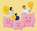 Happy family with savings in piggy banks