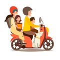 Happy family on scooter. Man and woman with children and dog on motorcycle vector illustration Royalty Free Stock Photo