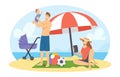 Happy Family on Sea Beach at Summer Time Vacation. Mother, Father and Baby Characters Relaxing on Seaside, Sparetime