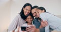 Happy family selfie, parents and kids in bedroom, hug and bonding together for love or memory in home. Photography