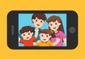 Happy family selfie photo on smartphone display.