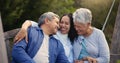 Happy family, senior parents or woman on bench in nature, hug or bonding in smile on retirement. Mature man, mother and Royalty Free Stock Photo