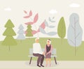 Happy family seniors: cute smiling elderly man and woman hold hands and sit on bench in park. Retired elderly couple in love.Trees