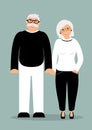 Happy family seniors: cute smiling holding hands smart elderly man and woman in full growth dressed in trendy clothes in black and