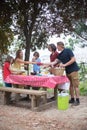 Happy family setting table for picnic Royalty Free Stock Photo