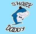 Family sharks. Daddy shark with in top hat and bow tie. Cute cartoon blue character father of sea animals. Print for clothes or Royalty Free Stock Photo