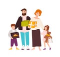 Happy family shopping. Cheerful mother, father, daughter and son holding toys and gift boxes. Cute cartoon characters