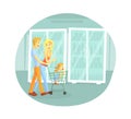 Happy Family Shopping in Supermarket, Cheerful Parents and Their Daughter Walking with Cart in Grocery Store Vector Royalty Free Stock Photo