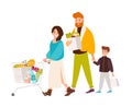 Happy family shopping in supermarket. Smiling mother, father and son buying food products in grocery store. Cute cartoon Royalty Free Stock Photo