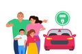 happy family showing thumbs up electric car sign eco vehicle vector Royalty Free Stock Photo