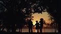 Happy family silhouette walking sunset park together. Beautiful golden sunlight. Royalty Free Stock Photo