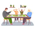 Happy family sitting on chairs at table and playing board game. Living room interior at home Royalty Free Stock Photo