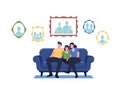 Happy Family Sitting on Couch in Living Room with Pictures Hanging on Wall. Mother, Father and Child Characters at Home