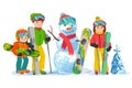 Happy family ski and snowbording with snowman. Vector illustration winter sport concept. People skiers equipment in clothes